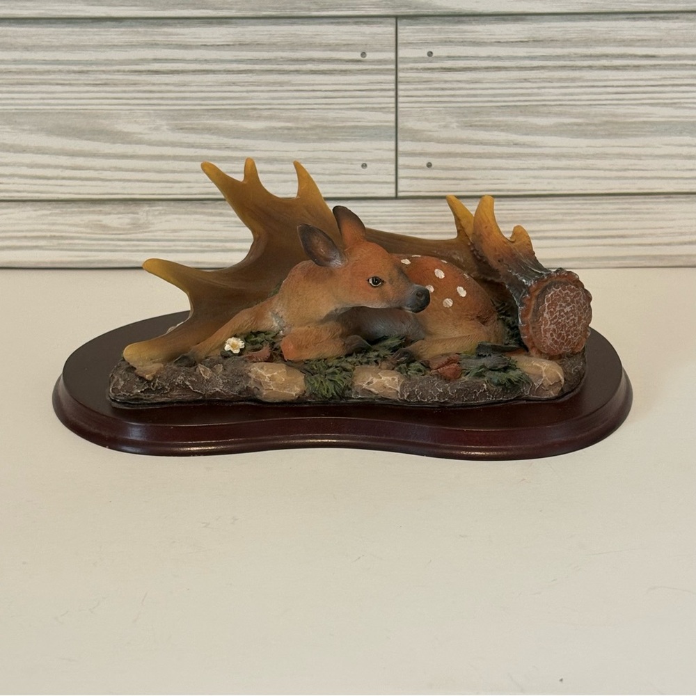 Vintage Resin Fawn On Wood Base Rustic Woodland Scene Decor Cabin Lodge